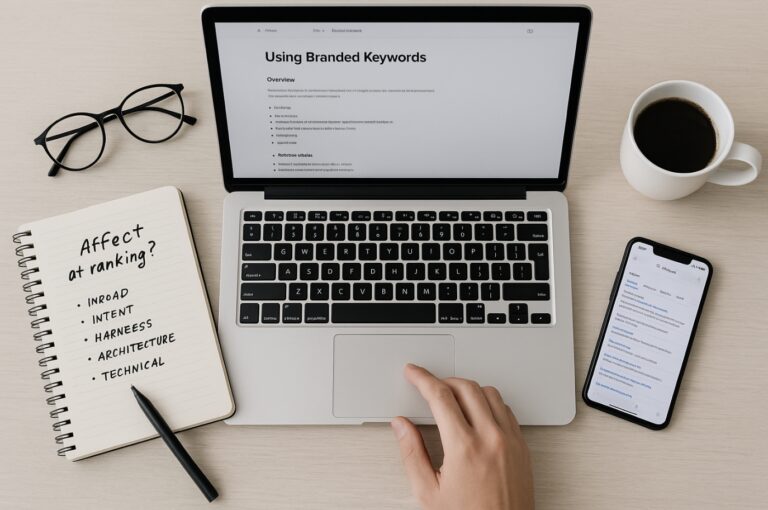 Flat lay con laptop y notas SEO