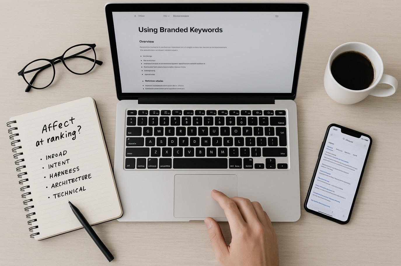 Flat lay con laptop y notas SEO