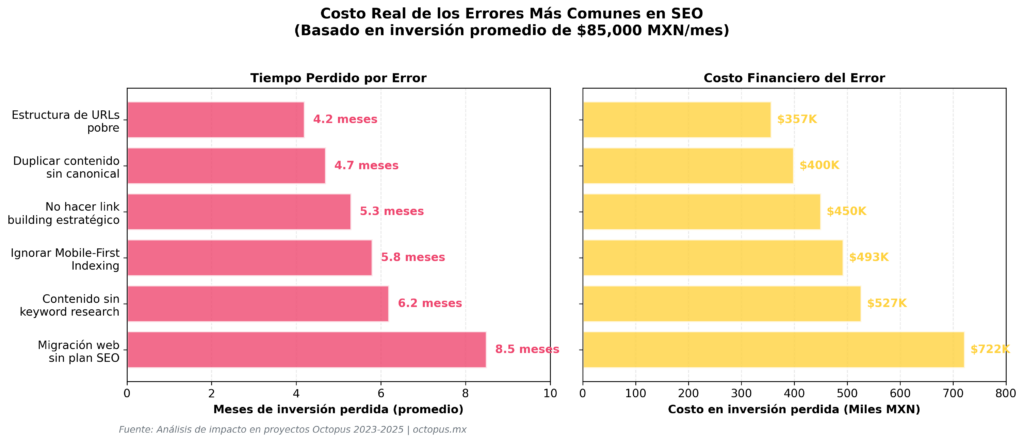 Gráfica comparativa con meses promedio perdidos y costo de inversión perdida por error: migración sin plan SEO, contenido sin research, ignorar mobile-first, no hacer SEO de popularidad, duplicar contenido sin canonical, estructura de URLs pobre.
